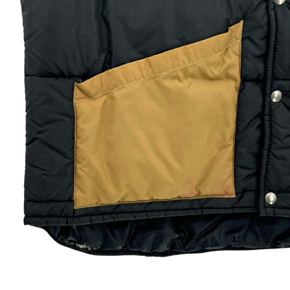 Vintage 70s/80s Men's Puffer Vest Miller Outerwear Black Tan Snap Front | XL - Picture 2 of 8
